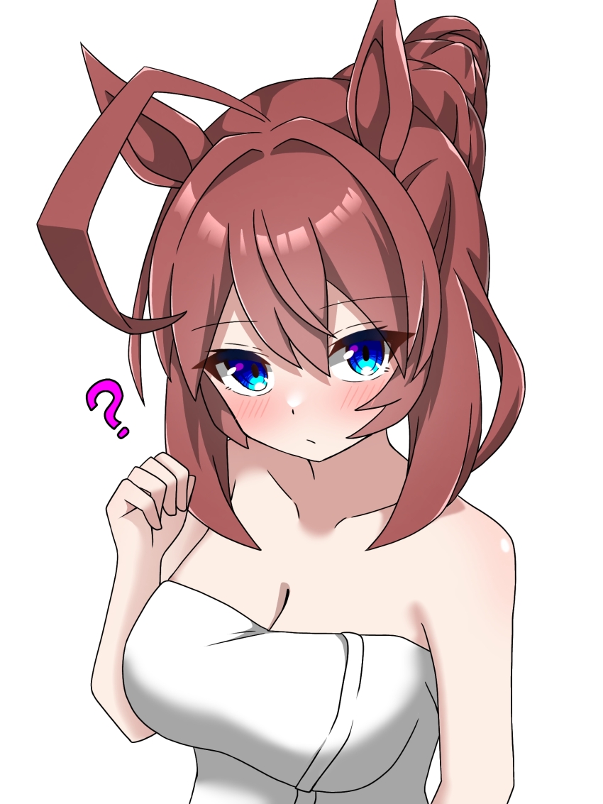 1girl, ?, absurdres, ahoge, animal_ears, bare_shoulders, blue_eyes, blush