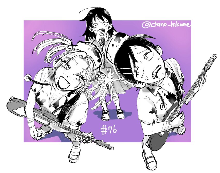 3girls, :d, anger_vein, angry, bandaged_arm, bandages, bass_guitar, blazer