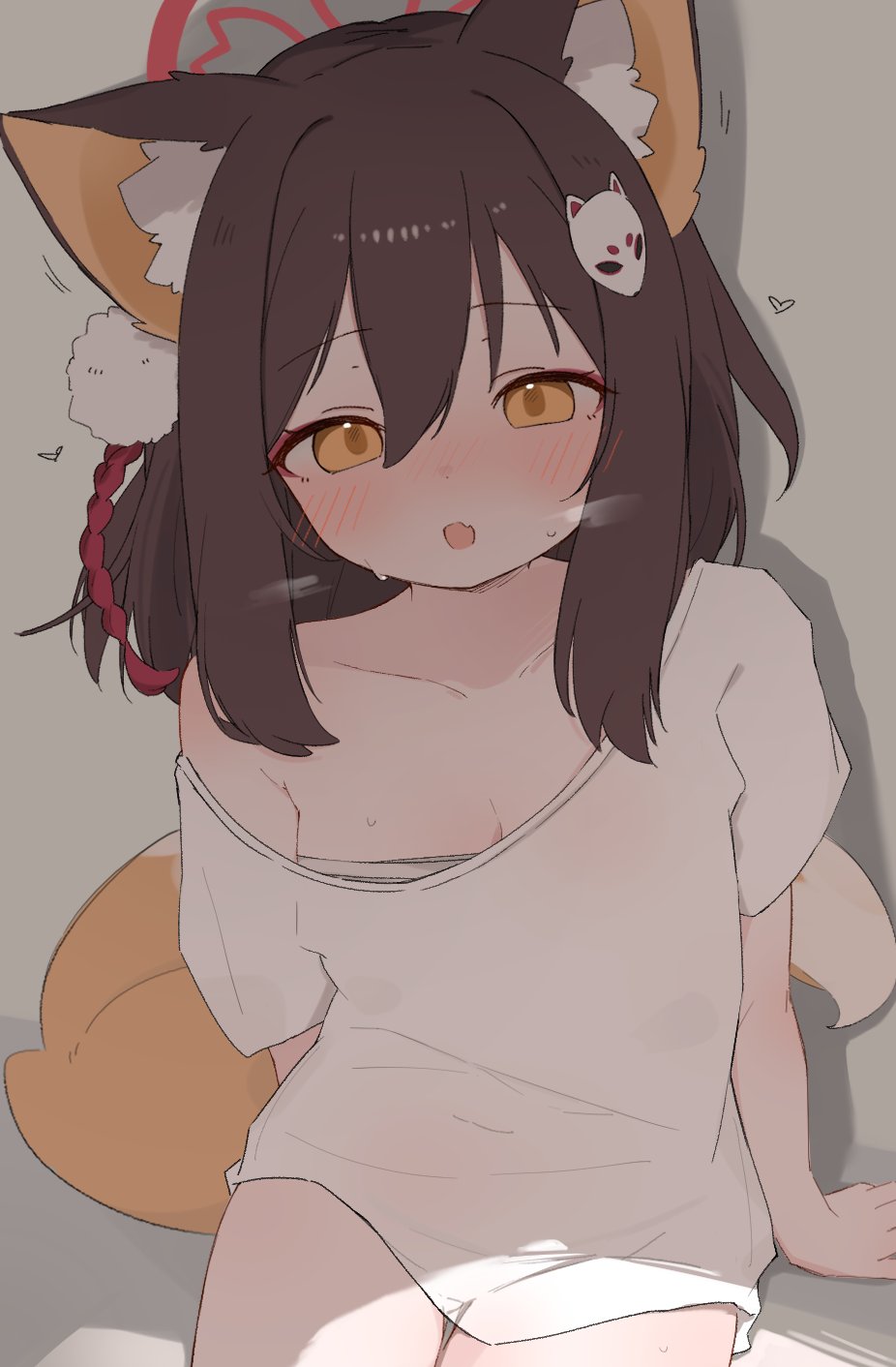1girl, :o, alternate_costume, animal_ear_fluff, animal_ears, armpit_crease, blue_archive, blush, breasts, brown_hair, cleavage, collarbone, cowboy_shot, dot_nose, eyeshadow, fang, fox_ears, fox_girl, fox_hair_ornament, fox_tail, from_above, grey_background, hair_between_eyes, hair_ornament, halo, head_tilt, heart, heavy_breathing, highres, izuna_(blue_archive), long_hair, looking_at_viewer, makeup, medium_breasts, no_pants, orange_eyes, orange_tail, parted_lips, pink_eyeshadow, pom_pom_(clothes), pom_pom_hair_ornament, red_halo, shirt, short_sleeves, sidelocks, simple_background, single_bare_shoulder, single_off_shoulder, sitting, skin_fang, solo, t-shirt, tail, tassel, tassel_hair_ornament, thigh_gap, thighs, tntl_nemui, white_shirt