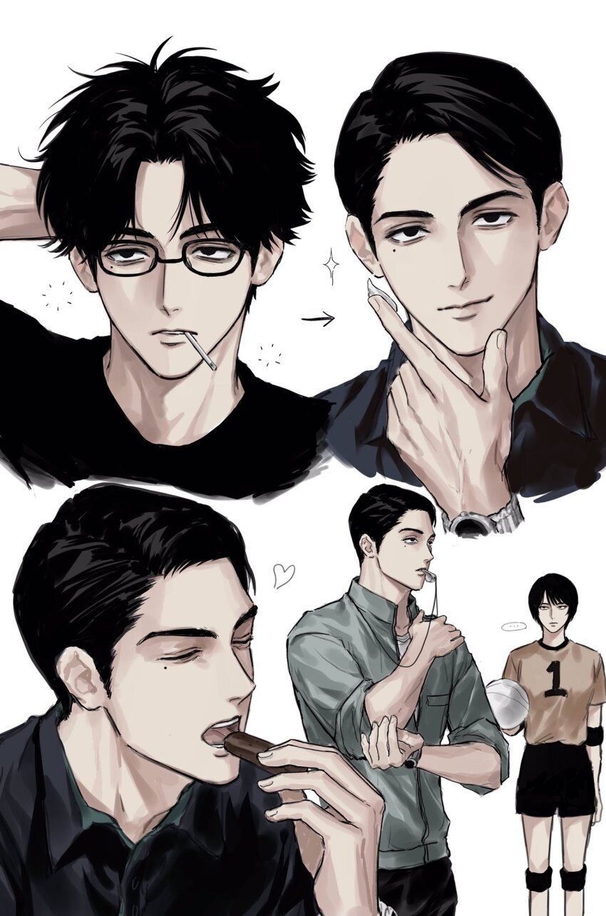 1boy, 1girl, black-framed_eyewear, black_eyes, black_hair, closed_mouth, eating, forehead