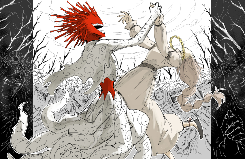 1girl, arched_back, blot_plot, branch, brown_hair, colored_skin, commentary_request, crowd