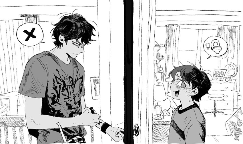 2boys, :d, angry, belt, belt_buckle, blush, brothers, buckle