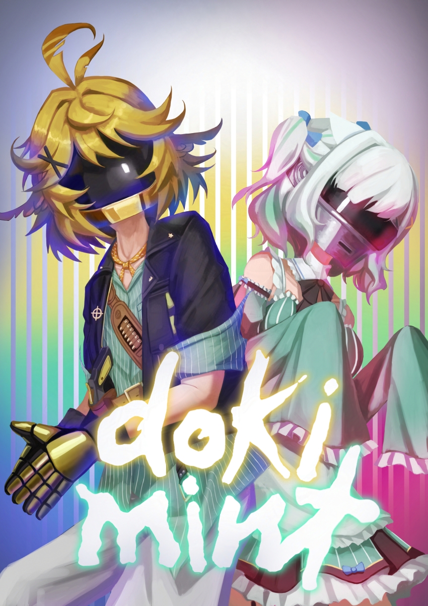 2girls, absurdres, black_jacket, blonde_hair, chada_ijwtmcs, cosplay, daft_punk, dokibird