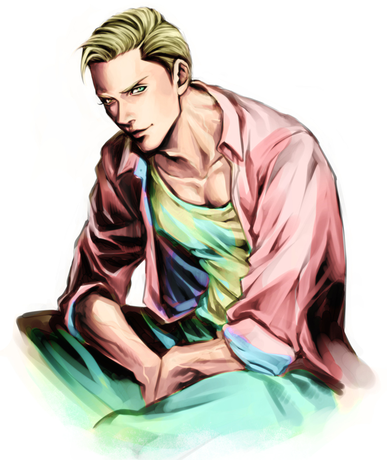 1boy, blonde_hair, carlos_(kyokugen_dasshutsu), closed_mouth, collarbone, commentary_request, jacket, kyokugen_dasshutsu