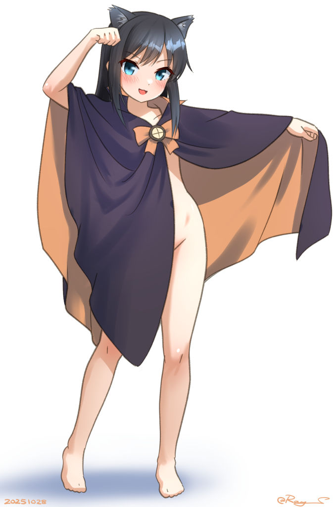 1girl, :3, :d, animal_ears, asashio_(halloween)_(kancolle), asashio_(kancolle), barefoot, black_hair, blue_eyes, blush, cat_ears, cloak, collarbone, commentary_request, dated, feet, full_body, hair_between_eyes, hand_on_own_hip, hand_up, kantai_collection, legs, long_hair, looking_at_viewer, naked_cloak, open_mouth, orange_cloak, outstretched_arm, paw_pose, purple_cloak, ray.s, shadow, sidelocks, signature, simple_background, smile, solo, standing, thighs, two-sided_cloak, two-sided_fabric, white_background