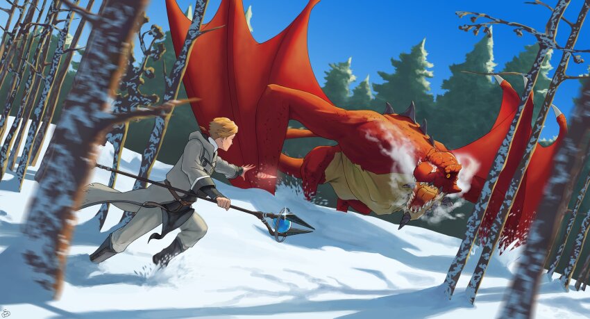 1boy, aqua_heartia, aqwariate, bare_tree, blue_sky, brown_hair, casting_spell, coat, day, dragon, fighting, highres, hood, hooded_coat, looking_at_another, mage_staff, mushoku_tensei, outdoors, rudeus_greyrat, running, sky, snow, staff, steam, tree, winter