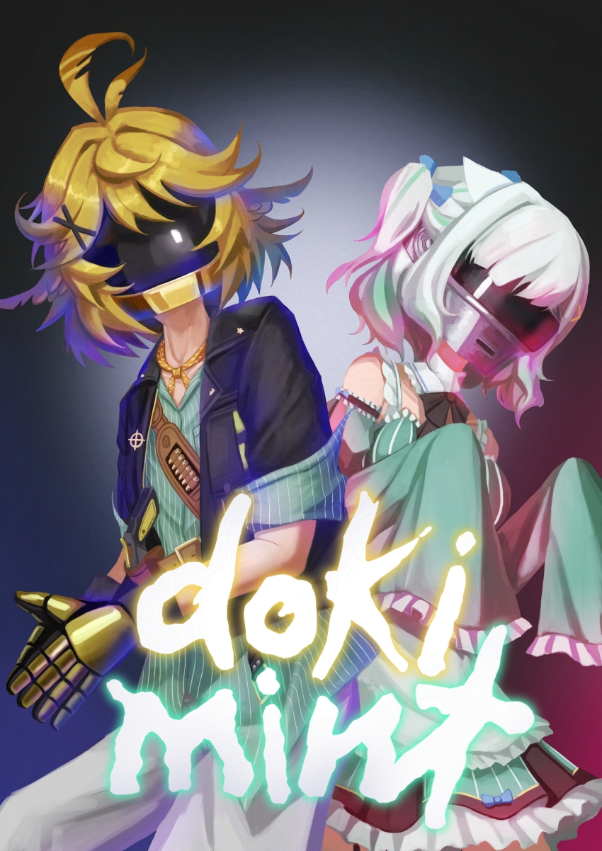 2girls, absurdres, black_jacket, blonde_hair, chada_ijwtmcs, cosplay, daft_punk, dokibird