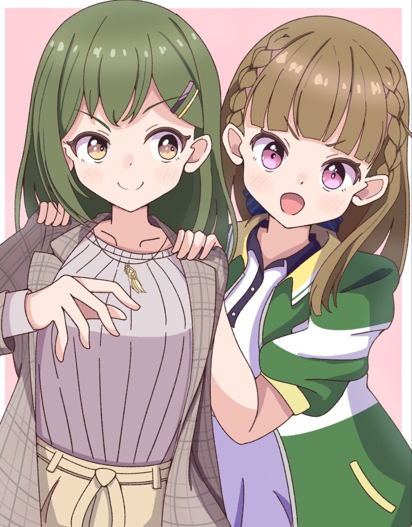 >:), 2girls, :d, border, braid, breasts, brown_eyes, brown_hair