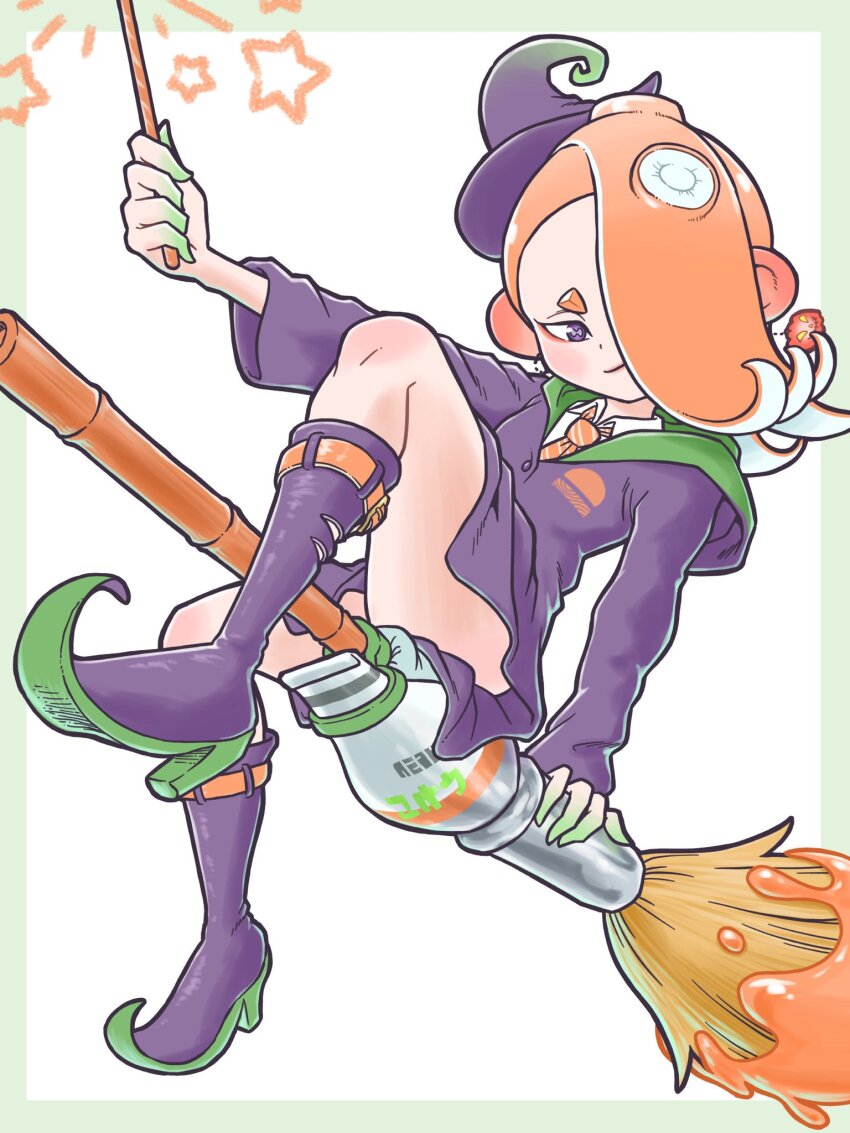 1girl, alternate_costume, blue_eyes, blush, boots, border, broom, broom_riding