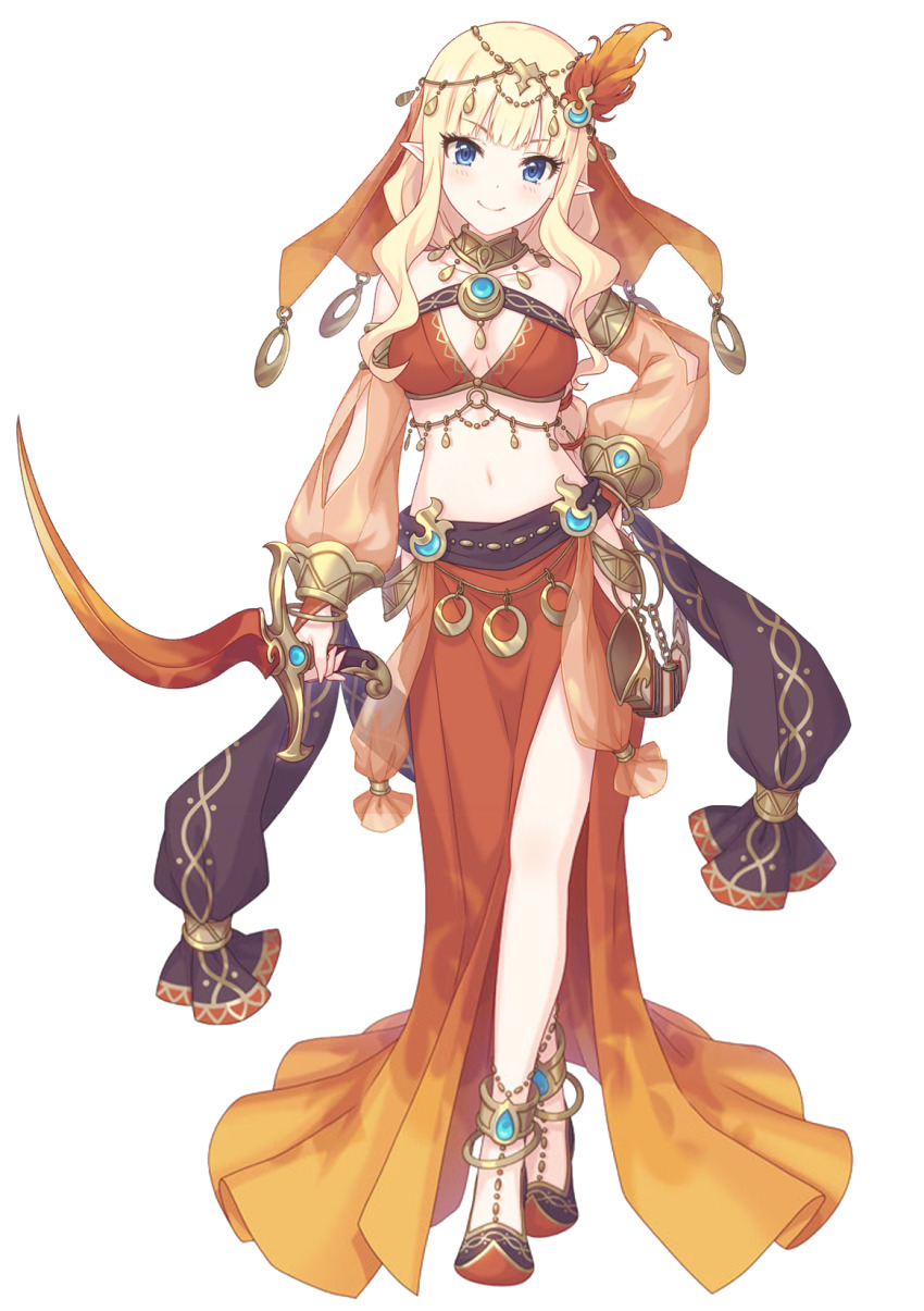 1girl, bare_shoulders, blonde_hair, blue_eyes, breasts, collar, collarbone, crossed_legs, curly_hair, fire_ornament, hair_ornament, hand_on_own_hip, harem_outfit, highres, holding, holding_sword, holding_weapon, light_smile, long_hair, looking_at_viewer, medium_breasts, navel, official_art, pointy_ears, princess_connect!, saren_(princess_connect!), saren_(sarasaria)_(princess_connect!), shotel, sword, tachi-e, thighs, transparent_background, weapon