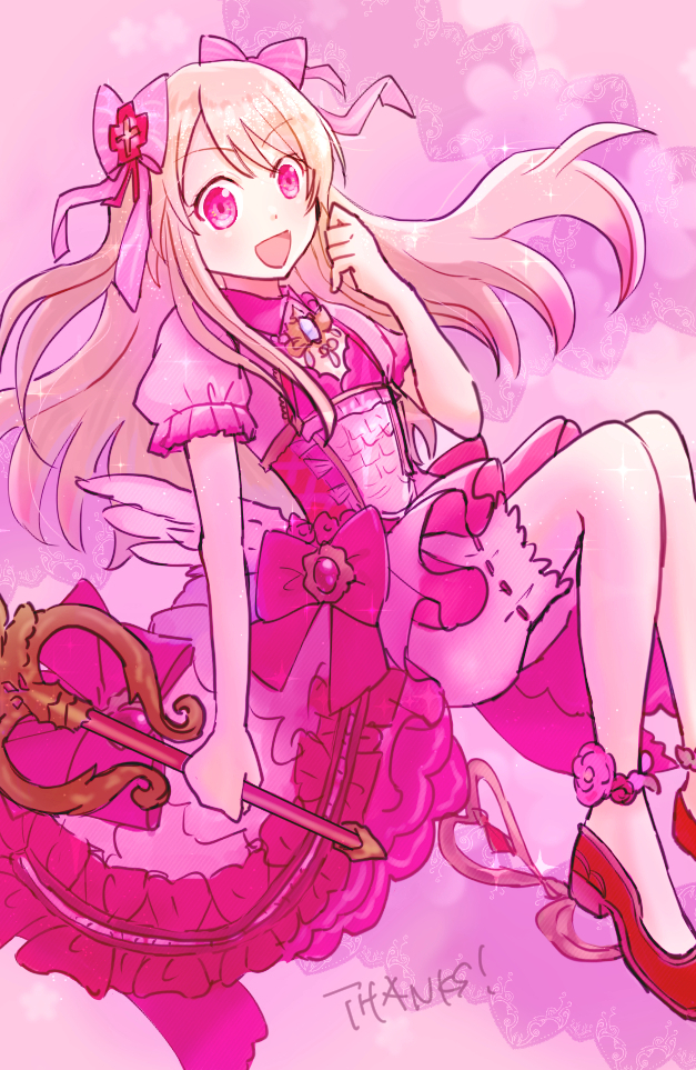 1girl, blonde_hair, bloomers, chaos_marie_(grimms_notes), grimms_notes, hand_up, holding, holding_wand, long_hair, noble_heart_(grimms_notes), open_mouth, pink_eyes, red_shoes, shoes, smile, solo, underwear, ununk, wand