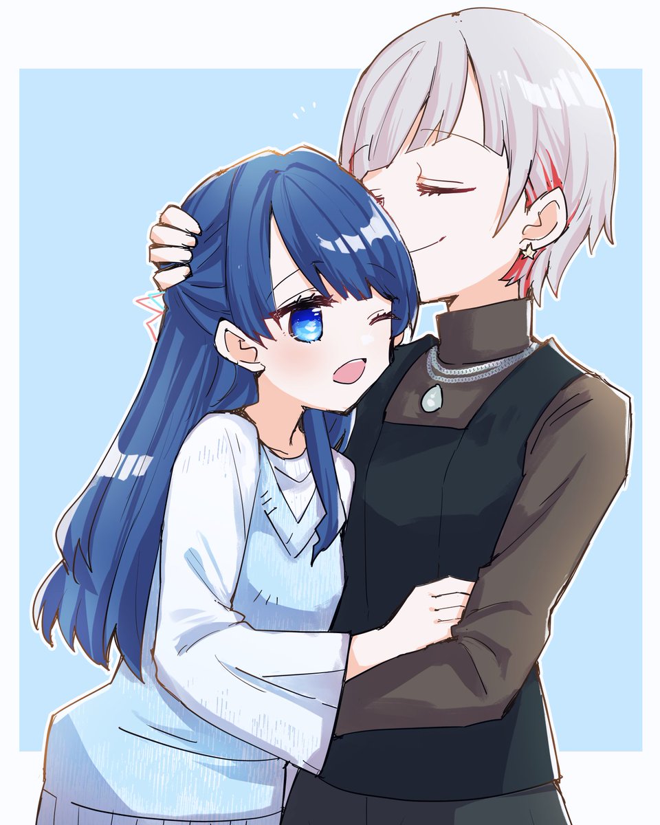 2girls, blue_background, blue_eyes, blue_hair, blue_ribbon, blue_sweater_vest, border, brown_shirt