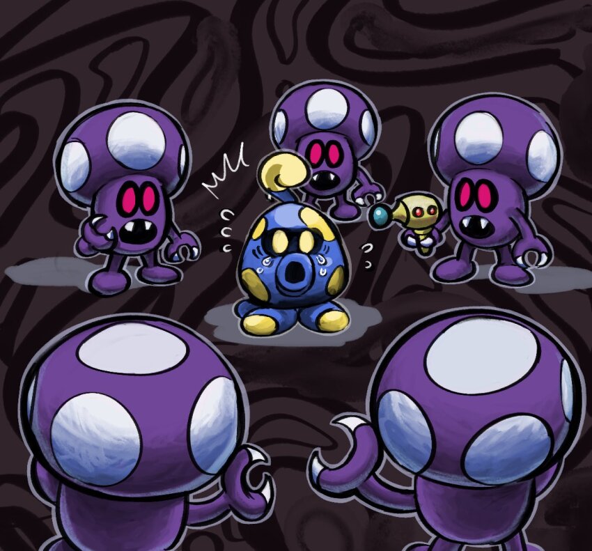 abstract_background, black_sclera, claws, colored_sclera, energy_gun, fangs, holding, holding_energy_gun