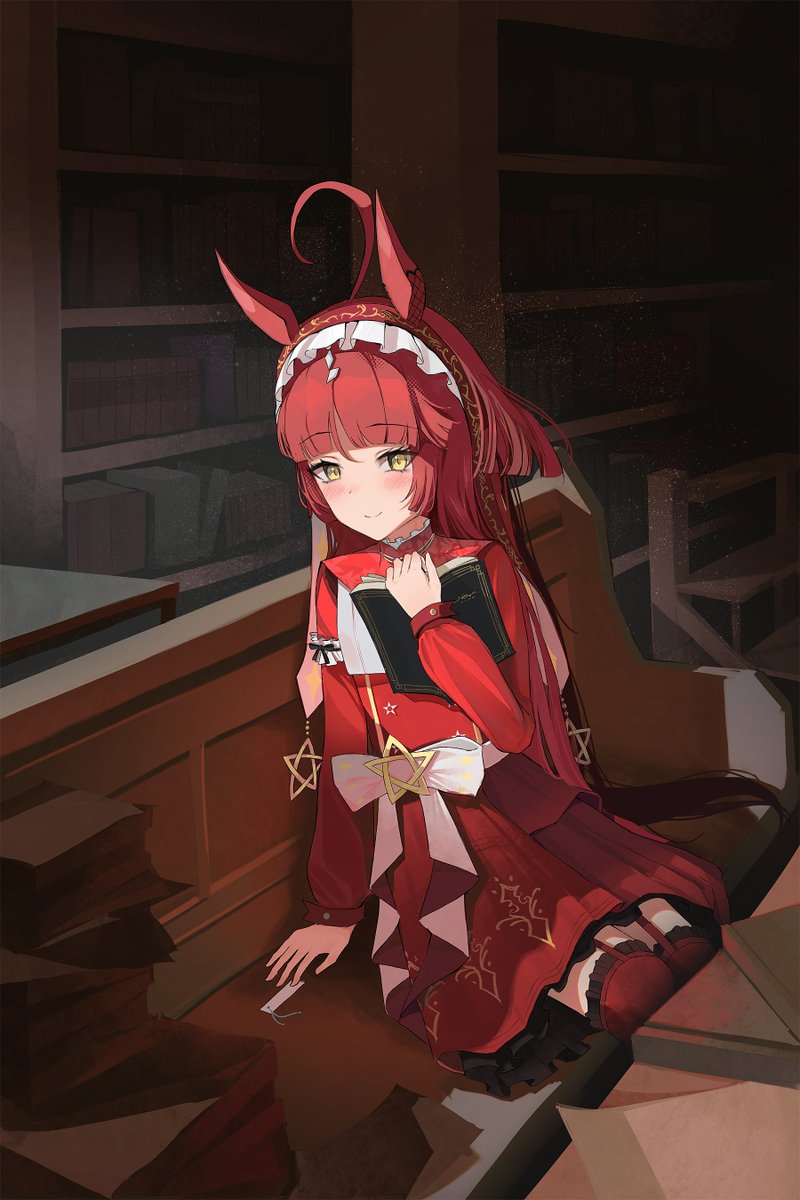 1girl, ahoge, animal_ears, blunt_bangs, blunt_ends, blunt_sidelocks, blush, book