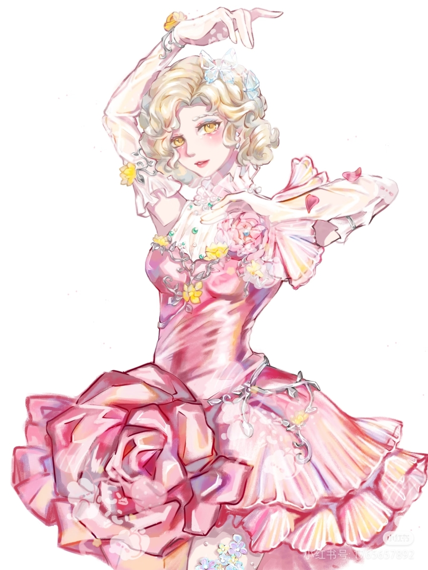 1girl, baiweiyaoji, bare_shoulders, blonde_hair, butterfly_hair_ornament, curly_hair, dress, elbow_gloves