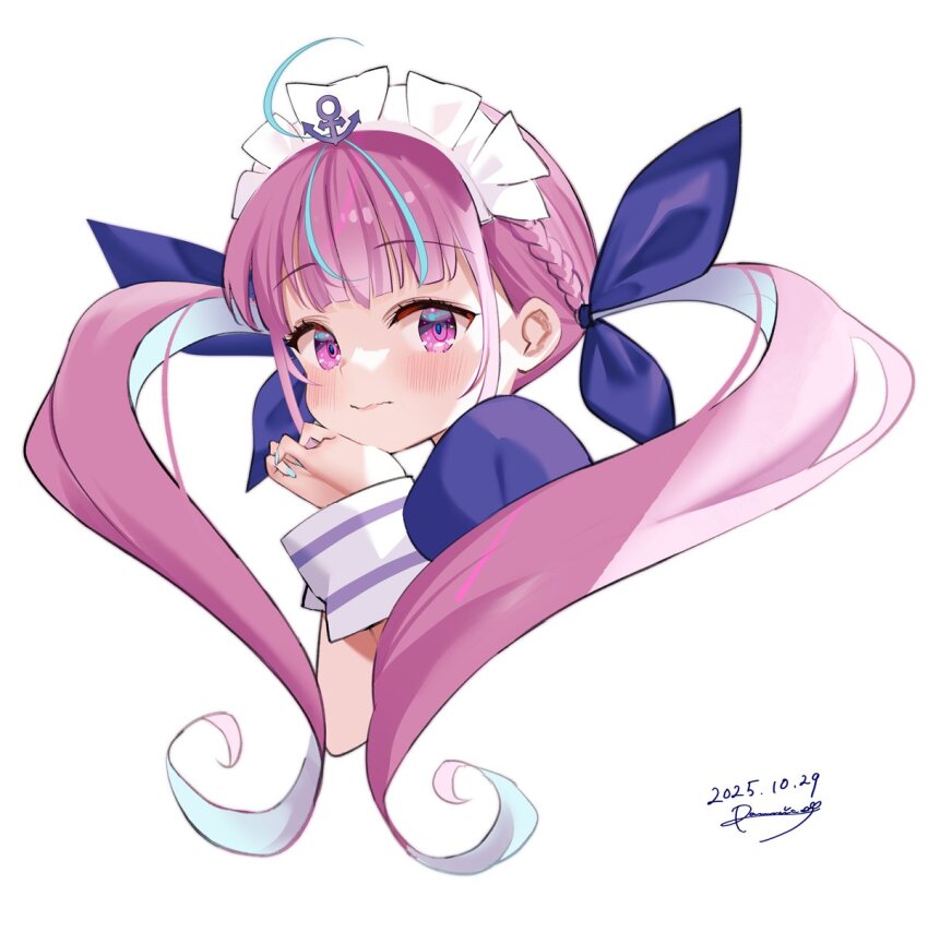 1girl, ahoge, anchor_hat_ornament, anchor_symbol, aqua_hair, aqua_nails, blue_dress, blue_ribbon