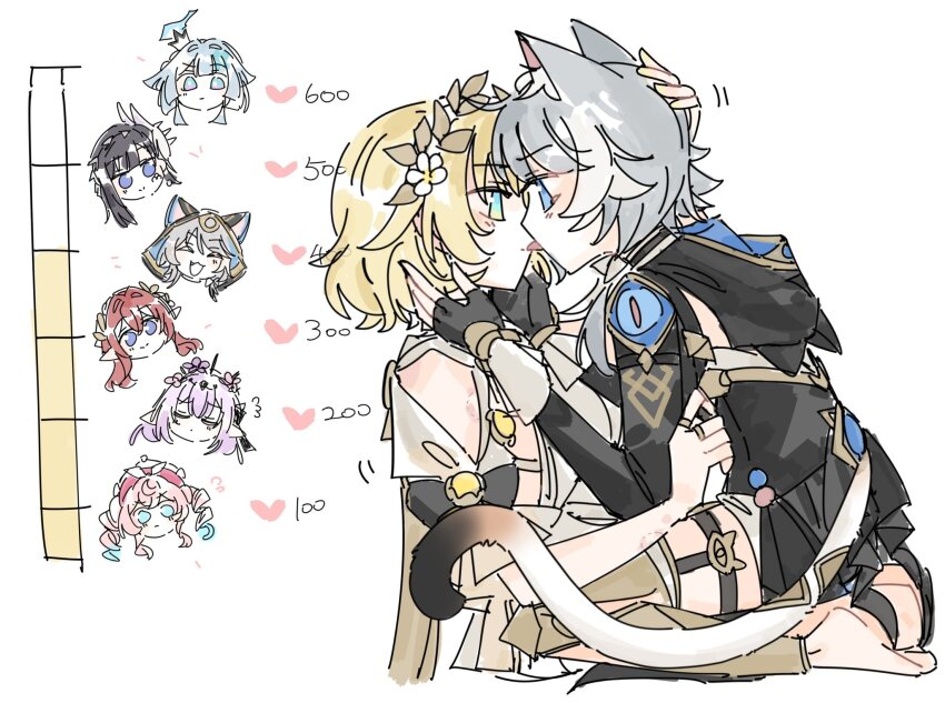 6+girls, aglaea_(honkai:_star_rail), animal_ear_fluff, animal_ears, bite_mark, bite_mark_on_arm, black_gloves, black_hair, blonde_hair, blue_eyes, blue_hair, castorice_(honkai:_star_rail), cat_ears, cat_girl, cat_tail, cerydra_(honkai:_star_rail), cipher_(honkai:_star_rail), closed_eyes, drill_hair, eye_contact, fang, fingerless_gloves, flower, gelinzzz, gloves, grey_hair, hair_flower, hair_ornament, heart, highres, honkai:_star_rail, honkai_(series), hyacine_(honkai:_star_rail), hysilens_(honkai:_star_rail), jewelry, kiss_meter_(meme), laurel_crown, licking, licking_another's_face, licking_another's_lips, looking_at_another, meme, multiple_girls, open_mouth, pointy_ears, purple_eyes, purple_hair, ring, simple_background, smile, tail, tongue, tongue_out, tribios_(honkai:_star_rail), twin_drills, white_background, white_flower, yuri