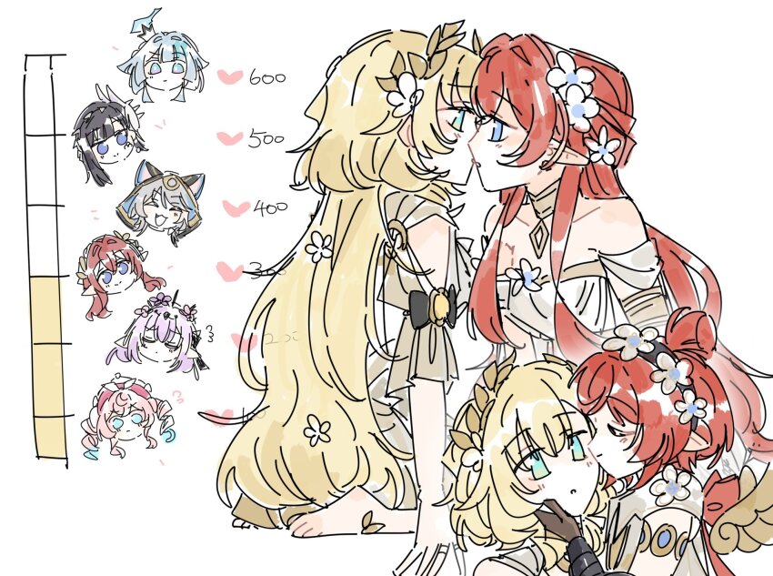 6+girls, aglaea_(honkai:_star_rail), animal_ears, bare_shoulders, black_hair, blonde_hair, blue_eyes, blue_hair