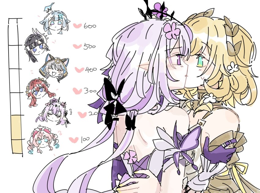 6+girls, aglaea_(honkai:_star_rail), animal_ears, bare_shoulders, black_hair, blonde_hair, blue_eyes, blue_hair