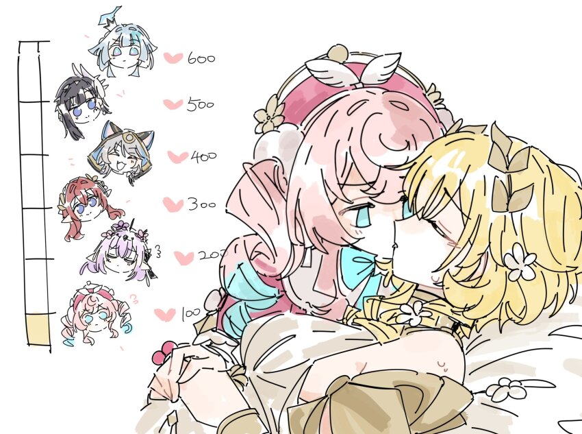 6+girls, aglaea_(honkai:_star_rail), animal_ears, black_hair, blonde_hair, blue_eyes, blue_hair, breasts, castorice_(honkai:_star_rail), cat_ears, cerydra_(honkai:_star_rail), cipher_(honkai:_star_rail), closed_eyes, drill_hair, fang, gelinzzz, grey_hair, heart, highres, honkai:_star_rail, honkai_(series), hyacine_(honkai:_star_rail), hysilens_(honkai:_star_rail), kiss, kiss_meter_(meme), laurel_crown, meme, multiple_girls, open_mouth, pointy_ears, purple_eyes, purple_hair, sideboob, simple_background, smile, tribios_(honkai:_star_rail), twin_drills, white_background, yuri