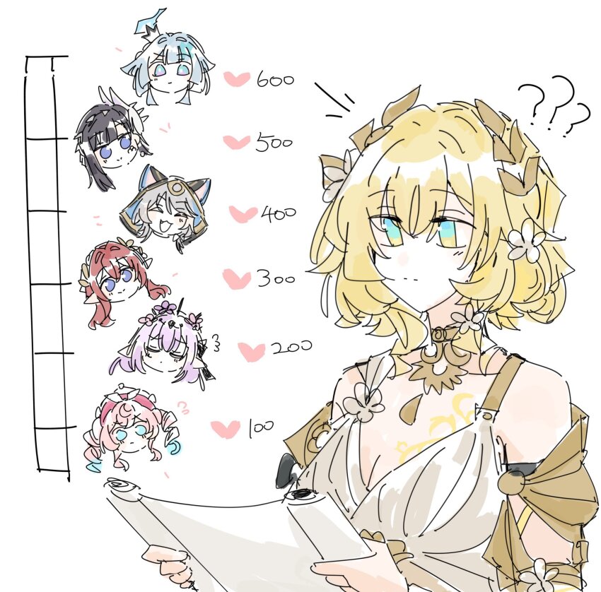 6+girls, ?, ??, aglaea_(honkai:_star_rail), animal_ears, black_hair, blonde_hair, blue_eyes