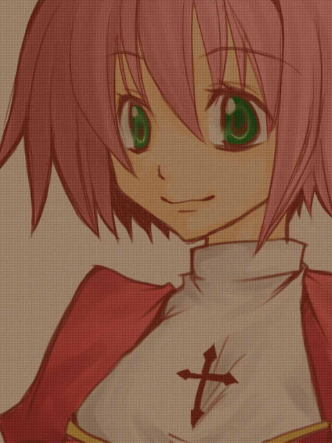 1girl, 2000s_(style), brown_background, closed_mouth, commentary_request, cross, cross_print, dress, green_eyes, high_priest_(ragnarok_online), looking_at_viewer, pink_hair, ragnarok_online, red_dress, sharufuto, short_hair, smile, solo, two-tone_dress, upper_body, white_dress