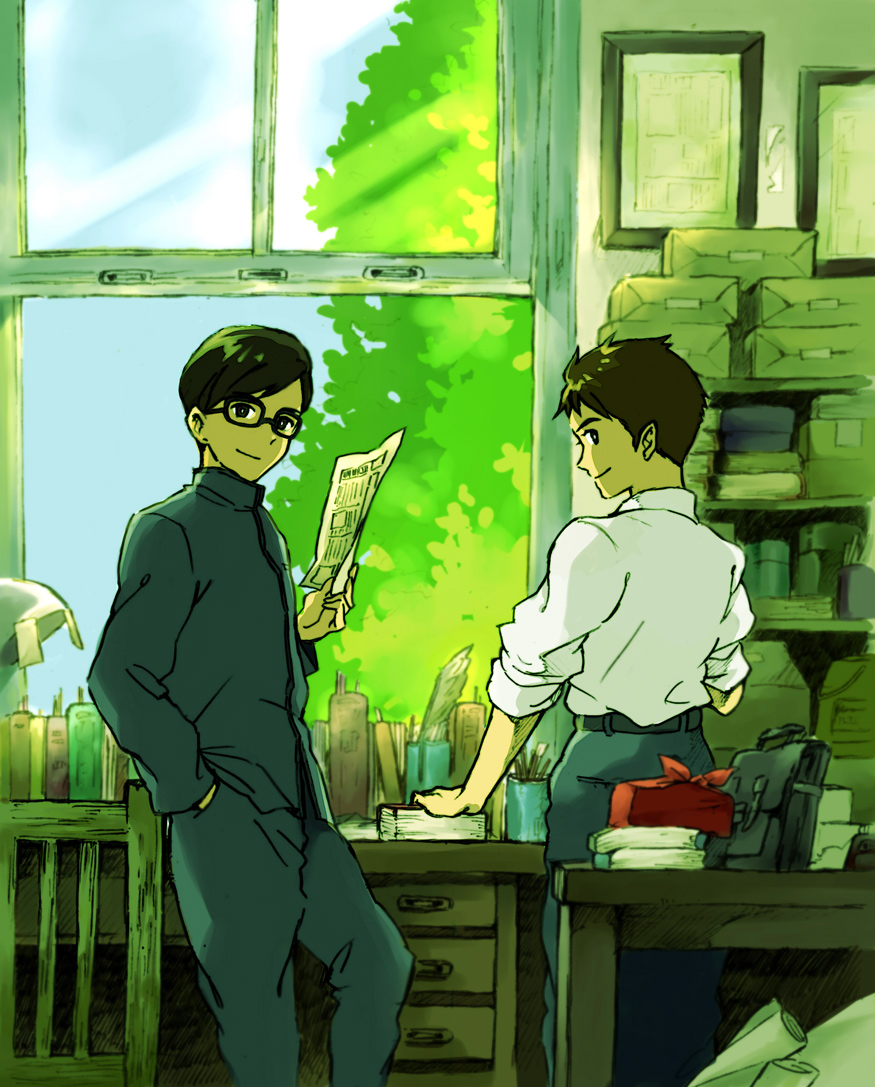 2boys, bag, black_hair, book, glasses, indoors, kazama_shun, kokurikozaka_kara, lamp, looking_at_viewer, male_focus, mizunuma_shirou, multiple_boys, nature, numa_chiyoko, plant, quill, school_uniform, sky, smile, studio_ghibli, window