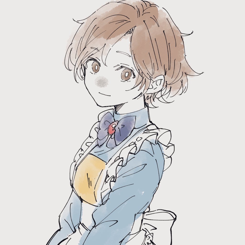 1girl, apron, blue_dress, bokujou_monogatari, bokujou_monogatari_2, bow, bowtie, brown_eyes