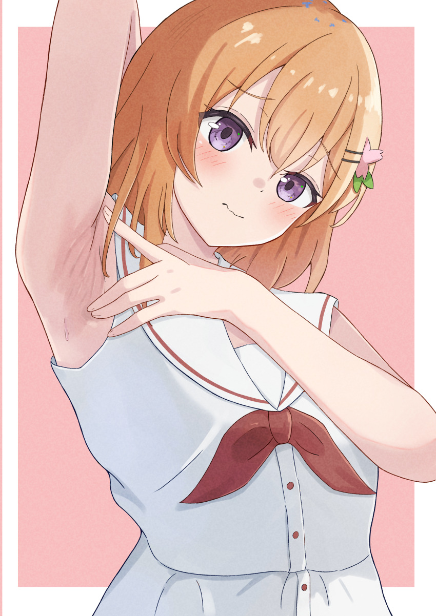 1girl, absurdres, arm_up, armpit_focus, armpits, azakura_(beniyomogi), blush, border