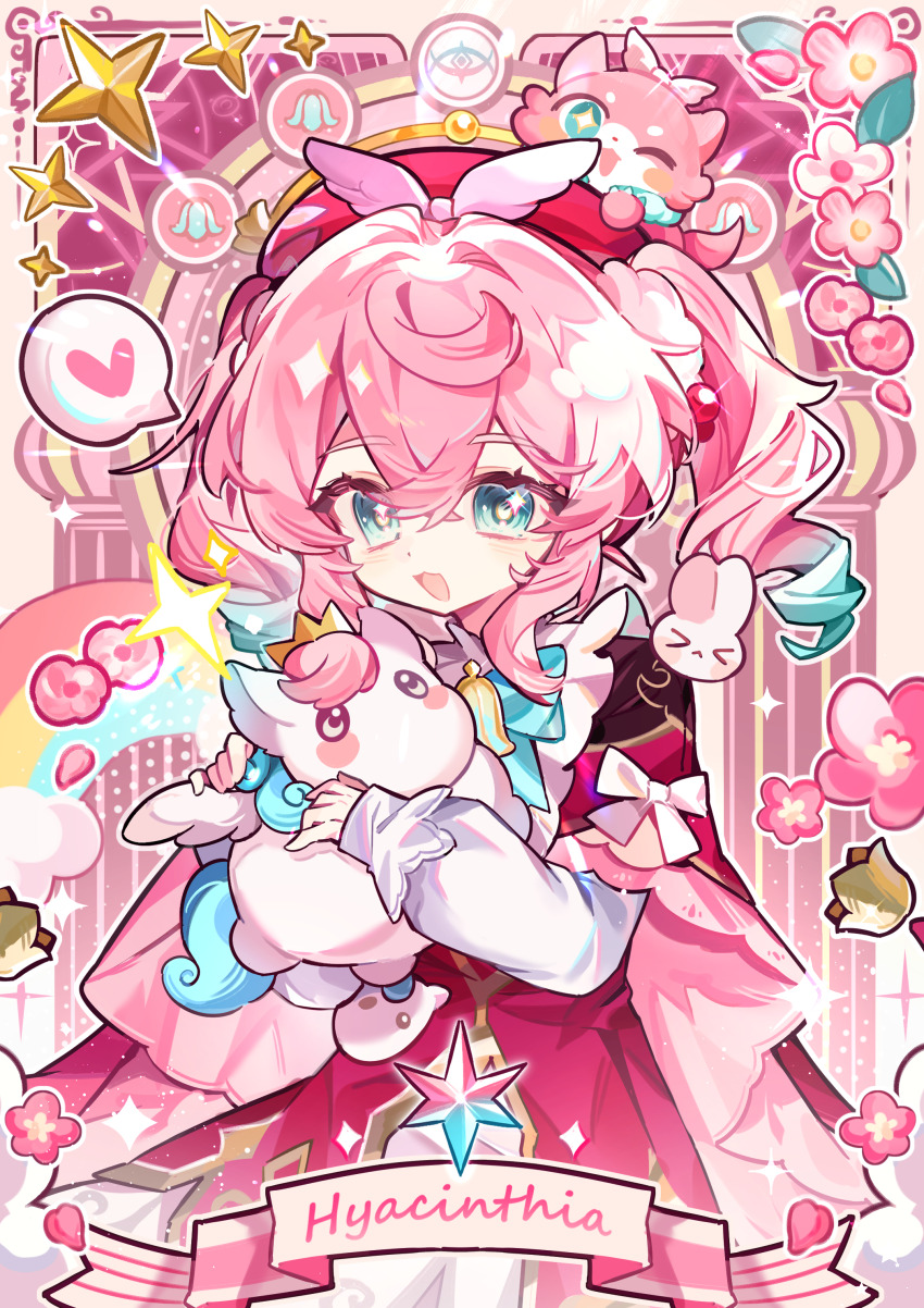 1girl, :d, absurdres, blue_eyes, character_name, cowboy_shot, double-parted_bangs, dress, fu_pian_ren, gradient_hair, green_hair, hair_between_eyes, hair_intakes, hat, heart, highres, honkai:_star_rail, honkai_(series), hyacine_(honkai:_star_rail), long_hair, long_sleeves, multicolored_hair, open_mouth, pink_background, pink_hair, red_dress, red_hat, smile, solo, spoken_heart, twintails