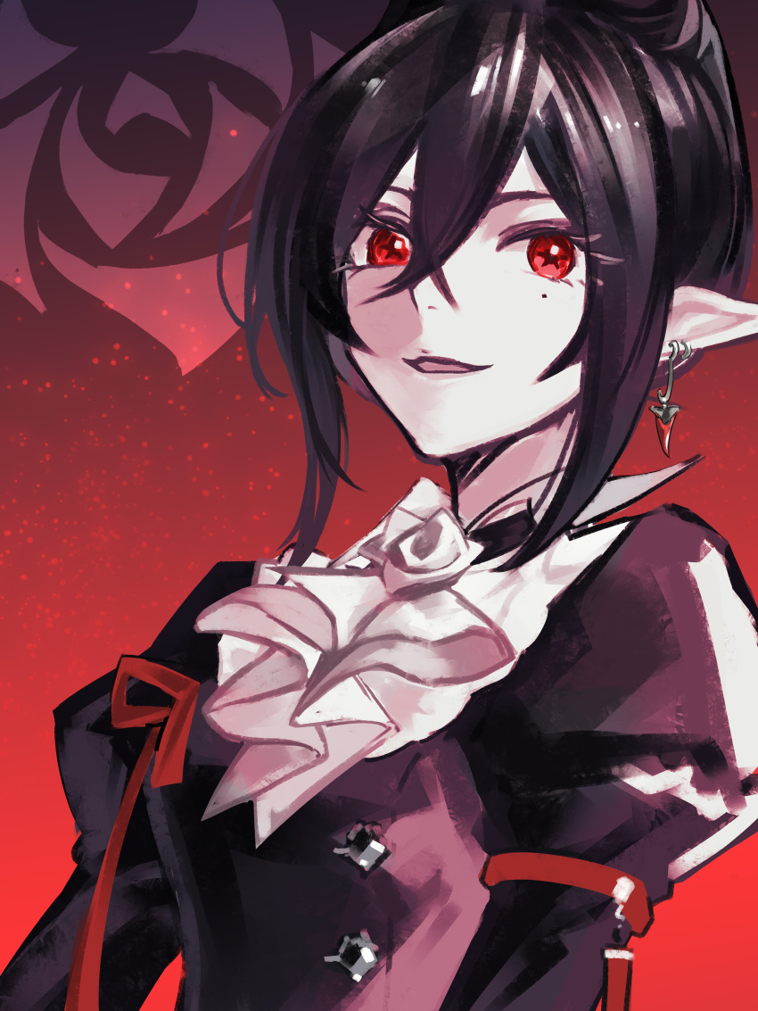 1girl, absurdres, arknights, ascot, black_dress, black_hair, cc_guiya, chinese_commentary, commentary_request, dress, earrings, entelechia_(arknights), highres, jewelry, light_particles, looking_at_viewer, mole, mole_under_eye, parted_lips, pointy_ears, red_eyes, red_ribbon, ribbon, short_hair, smile, solo, upper_body, white_ascot