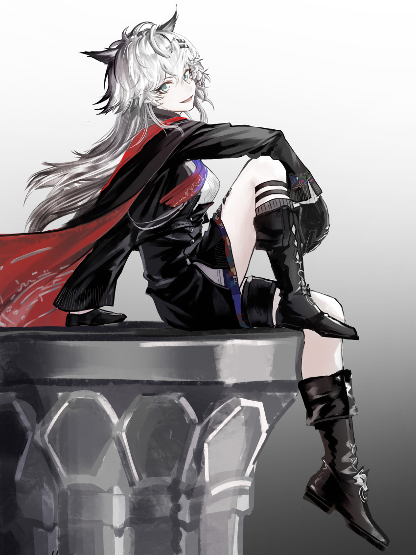 1girl, absurdres, animal_ears, aqua_eyes, arknights, black_boots, black_gloves, black_hair, black_jacket, boots, cape, cc_guiya, chinese_commentary, column, commentary_request, full_body, gloves, gradient_background, grey_background, grey_hair, hair_between_eyes, hair_ornament, hairclip, highres, jacket, knee_boots, knee_up, lappland_(arknights), lappland_the_decadenza_(arknights), long_hair, long_sleeves, looking_at_viewer, material_growth, open_mouth, oripathy_lesion_(arknights), pillar, red_cape, shin_strap, sitting, smile, solo, white_background, white_hair, wolf_ears, wolf_girl