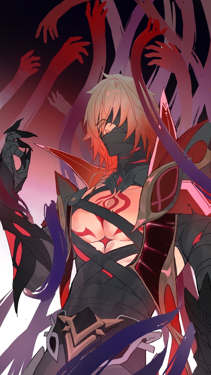 1boy, absurdres, bandage_over_one_eye, bandaged_arm, bandaged_torso, bandages, bandages_over_mouth, blonde_hair