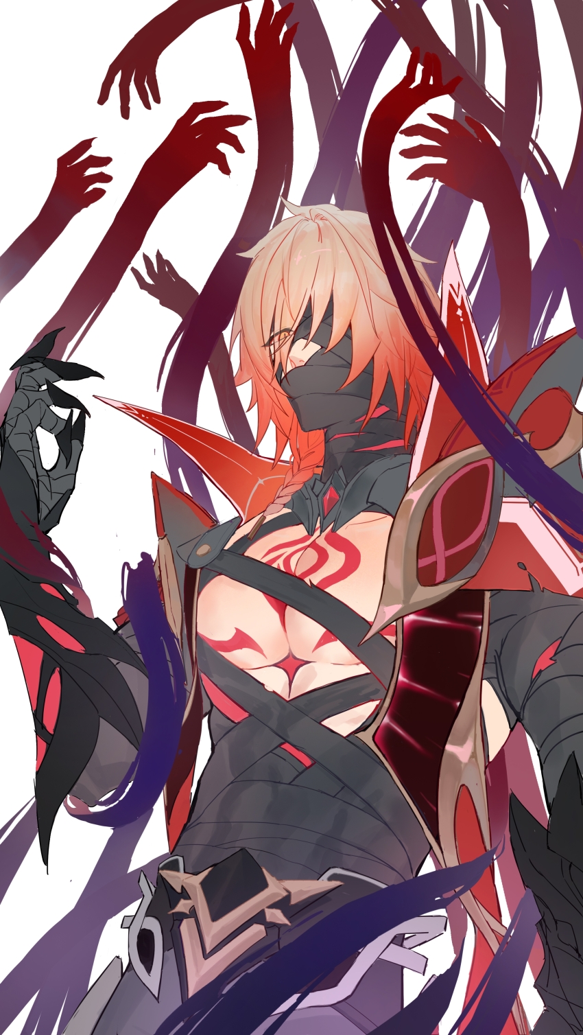 1boy, absurdres, bandage_over_one_eye, bandaged_arm, bandaged_torso, bandages, bandages_over_mouth, blonde_hair