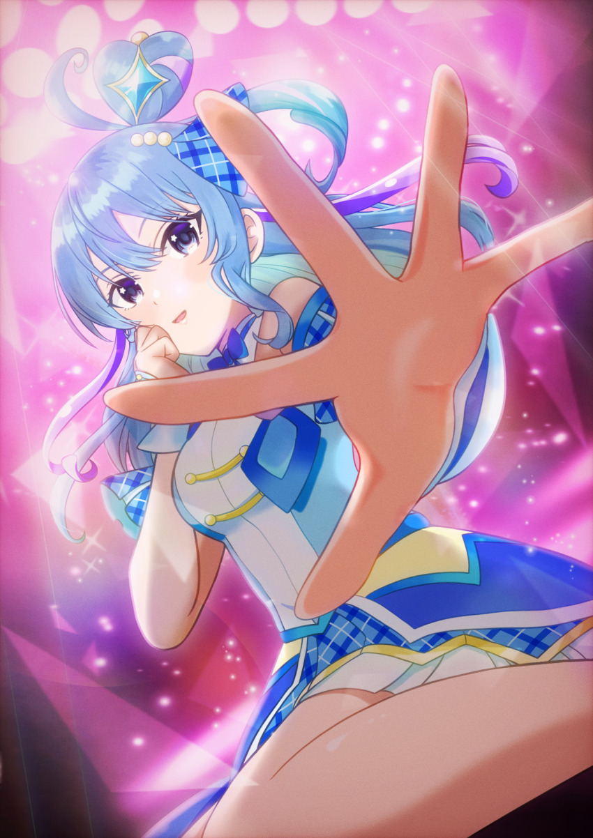 1girl, asukamama89, bare_legs, bare_shoulders, blue_bow, blue_bowtie, blue_dress, blue_eyes, blue_hair, blue_wrist_cuffs, bow, bowtie, breasts, brooch, collar, color_connection, commentary, cosplay, cure_wink, cure_wink_(cosplay), detached_collar, detached_sleeves, double-parted_bangs, dress, dutch_angle, feet_out_of_frame, hair_bobbles, hair_ornament, hand_on_own_cheek, hand_on_own_face, headset, heart, heart-shaped_hair, heart_brooch, highres, hololive, hoshimachi_suisei, idol, idol_heart_brooch_(precure), jewelry, kimi_to_idol_precure, light_particles, long_hair, looking_at_viewer, magical_girl, medium_breasts, multicolored_hair, open_hand, outstretched_hand, parted_lips, plaid_bow, plaid_clothes, plaid_dress, plaid_sleeves, pleated_dress, precure, purple_streaks, reaching, reaching_towards_viewer, sitting, smile, solo, spread_fingers, stage, stage_lights, star_(symbol), star_in_eye, strapless, strapless_dress, streaked_hair, symbol_in_eye, tsurime, virtual_youtuber, wariza, white_collar, wrist_cuffs