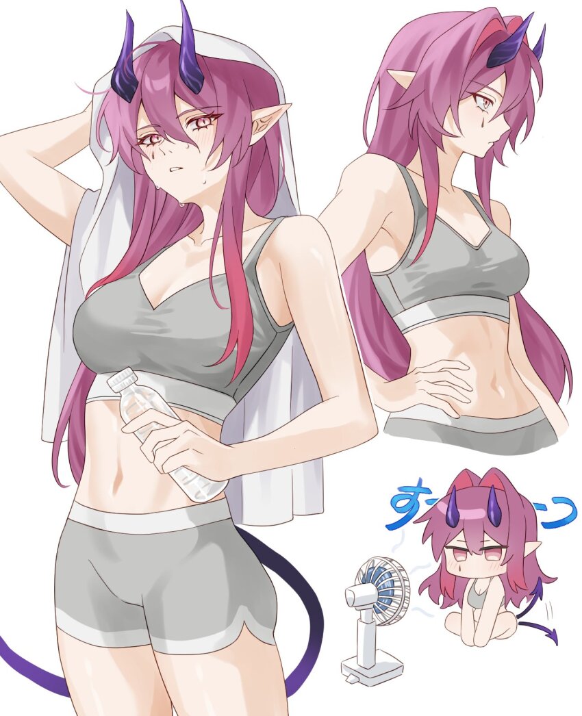 1girl, afterimage, amo20839453, arknights, ascalon_(arknights), bare_arms, bare_shoulders, bottle, breasts, chibi, chinese_commentary, cleavage, collarbone, commentary_request, crop_top, drink, electric_fan, facial_mark, grey_sports_bra, hair_between_eyes, hand_on_own_hip, highres, holding, holding_drink, horns, long_bangs, long_hair, looking_ahead, looking_at_viewer, medium_breasts, midriff, multiple_views, navel, parted_lips, pink_eyes, pink_hair, plastic_bottle, pointy_ears, profile, purple_horns, purple_tail, simple_background, sound_effects, sports_bra, sweat, tail, tail_wagging, teardrop_facial_mark, towel, water_bottle, white_background