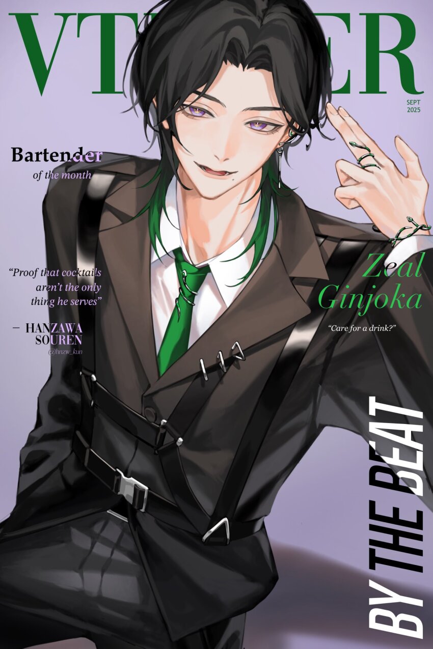 1boy, black_hair, collared_shirt, earrings, green_hair, highres, hnzw_kun, jewelry