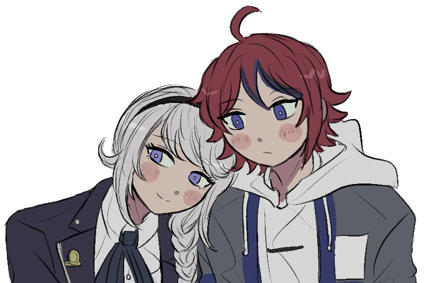 1boy, 1girl, black_hair, black_hairband, black_jacket, black_ribbon, blush_stickers, braid