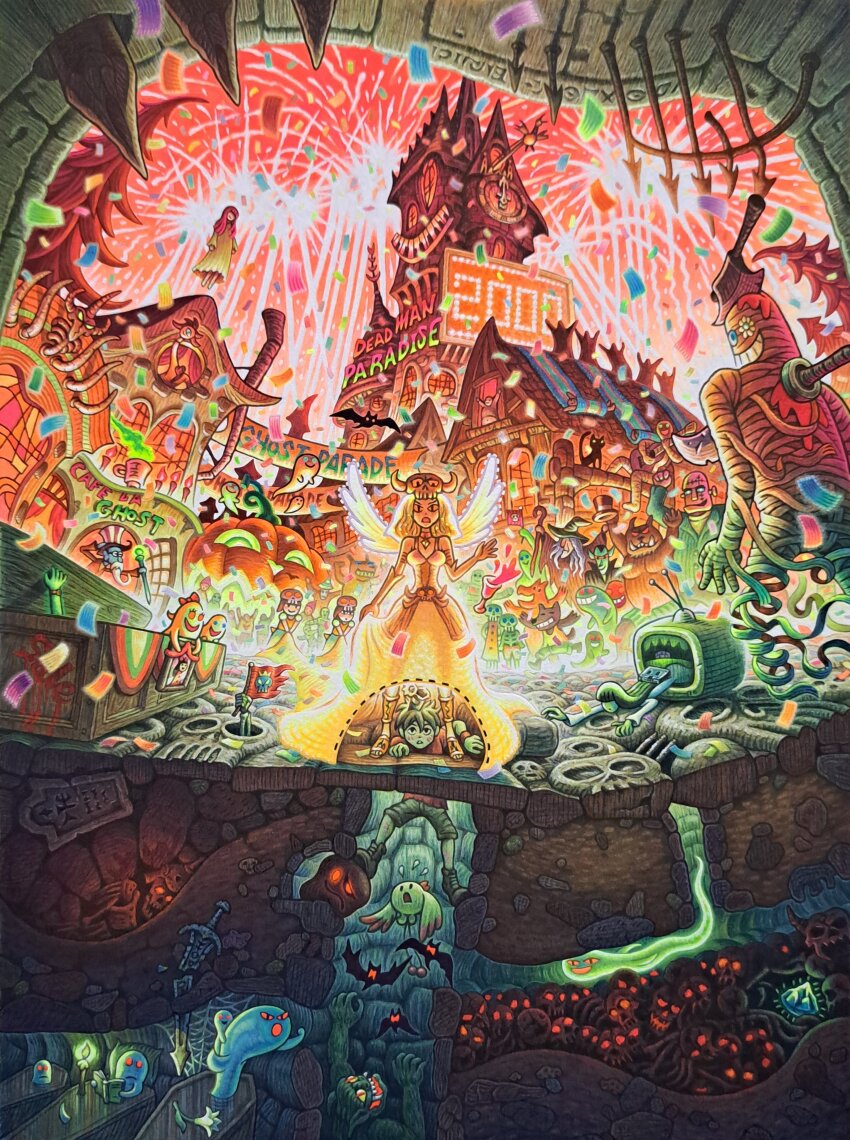 absurdres, axe, bat_(animal), black_cat, book, candle, cat, coffin, dress, elbow_gloves, frankenstein's_monster, ghost, gloves, grandia, grandia:_parallel_trippers, halloween, hat, highres, jack-o'-lantern, koichi_noda, long_hair, multiple_boys, multiple_girls, mummy, official_art, open_mouth, parody, skirt, smile, the_ring, vampire, witch, witch_hat