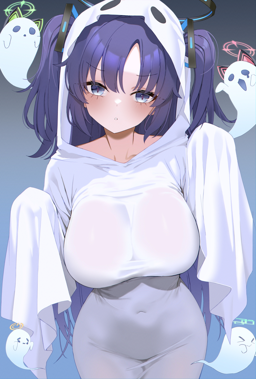 1girl, absurdres, animal_ear_headphones, animal_ears, aqua_halo, aris_(blue_archive), bine_kun, blue_archive, blue_eyes, blue_hair, blush, breasts, cat_ear_headphones, cat_ears, commentary, covered_navel, fake_animal_ears, game_development_department_(blue_archive), ghost, ghost_costume, ghost_pose, green_halo, hair_ornament, halloween, halloween_costume, halo, head_tilt, headphones, highres, large_breasts, long_hair, looking_at_viewer, midori_(blue_archive), momoi_(blue_archive), naked_costume, orange_halo, pink_halo, sheet_ghost, solo, solo_focus, tight_clothes, triangle_hair_ornament, two_side_up, yuuka_(blue_archive), yuzu_(blue_archive)