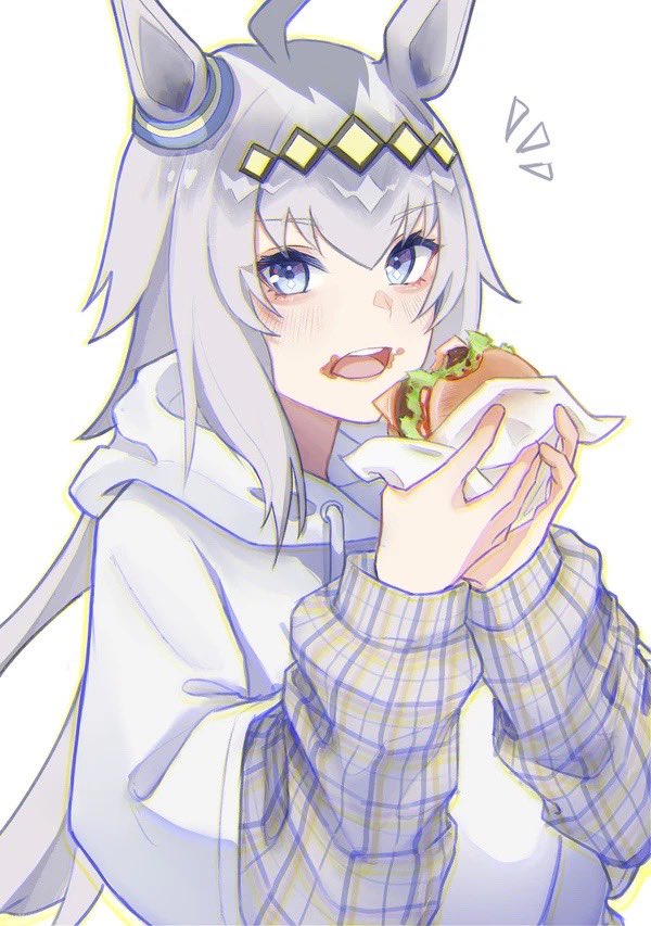 1girl, ahoge, animal_ears, blue_eyes, burger, ear_ornament, food, glutton, grey_hair, hair_between_eyes, hair_ornament, hairband, holding, holding_burger, holding_food, hood, hoodie, horse_ears, horse_girl, long_hair, long_sleeves, multicolored_hair, oguri_cap_(umamusume), shirt, solo, umamusume, umamusume:_cinderella_gray, yayamarublog