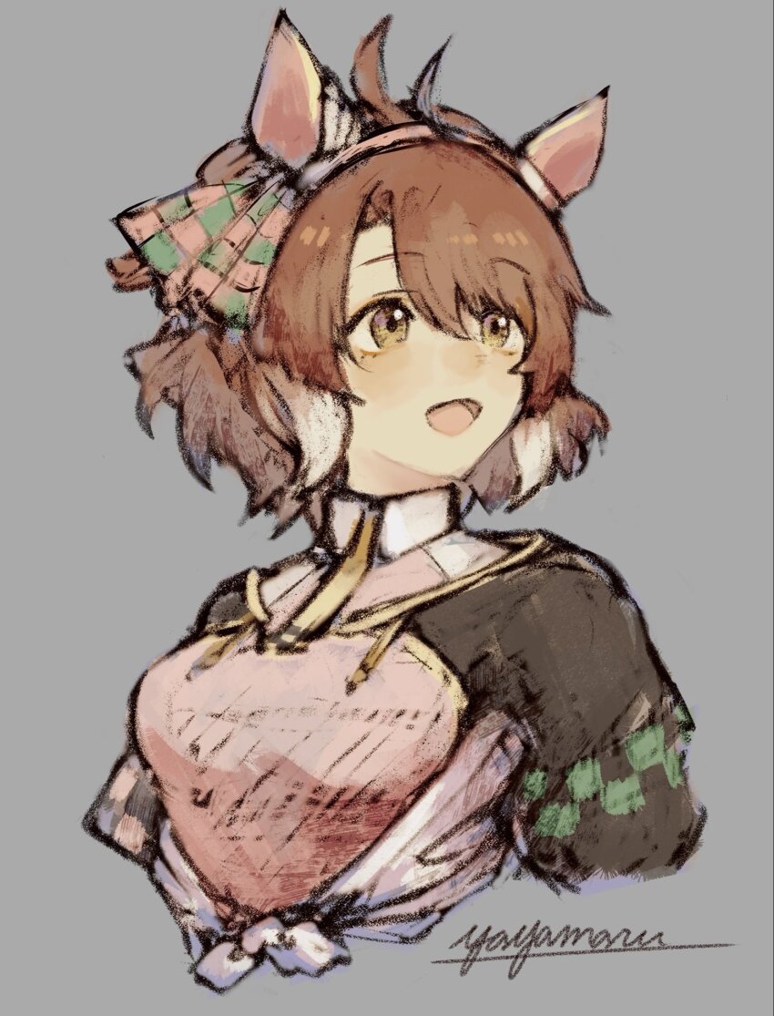 1girl, ahoge, animal_ears, blush, bow, breasts, brown_eyes, brown_hair, checkered_ribbon, dantsu_flame_(center_spotlight)_(umamusume), dantsu_flame_(umamusume), ear_covers, ear_ornament, ear_ribbon, hair_between_eyes, highres, horse_ears, horse_girl, large_breasts, multicolored_hair, occhahoi, open_mouth, shirt, simple_background, smile, solo, tied_shirt, umamusume, umamusume:_beginning_of_a_new_era, white_hair, yayamarublog