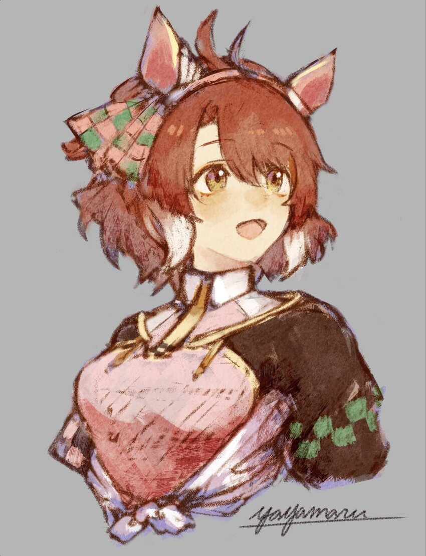 1girl, ahoge, animal_ears, blush, bow, breasts, brown_eyes, brown_hair