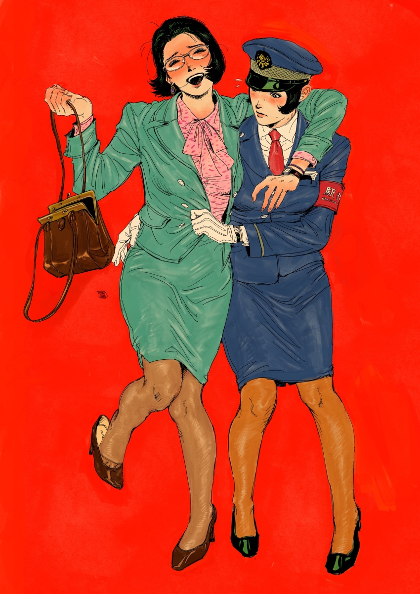 2girls, absurdres, blue_hat, blue_jacket, blue_skirt, breasts, drunk, glasses