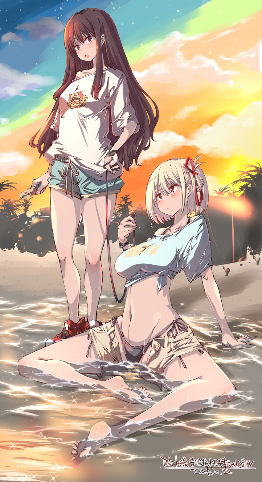 2girls, absurdres, barefoot, beach, bikini, black_bikini, black_hair, blonde_hair, blush, breasts, closed_mouth, collarbone, full_body, highres, holding_taser, inoue_takina, large_breasts, long_hair, looking_at_viewer, looking_to_the_side, loose_clothes, loose_shirt, lycoris_recoil, multiple_girls, navel, nishikigi_chisato, open_mouth, red_eyes, red_ribbon, red_shoes, ribbon, shirt, shoes, short_hair, shorts, sneakers, sunset, swimsuit, taser, thighs, wet, wet_clothes, yazawa_mana