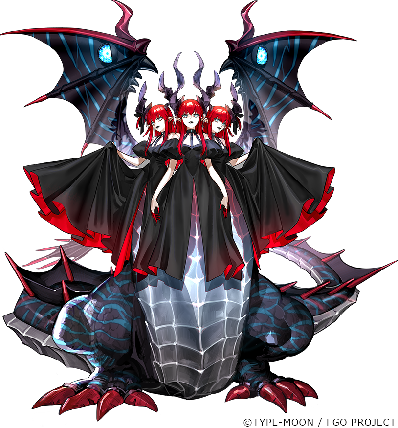 3girls, asymmetrical_horns, black_dress, black_lips, blue_eyes, clothing_cutout, colored_fingertips, dragon_girl, dragon_horns, dragon_tail, dragon_wings, dress, eliza_arsia_(fate), eliza_ascreaus_(fate), eliza_pavonis_(fate), elizabeth_bathory_(fate), fate/grand_order, fate_(series), full_body, hair_ribbon, holding_own_dress, horns, king_eliza_(fate), long_hair, looking_at_viewer, monster_girl, multiple_girls, multiple_heads, official_art, one_side_up, parted_lips, pointy_ears, puffy_sleeves, red_hair, ribbon, smile, tachi-e, tail, transparent_background, wada_arco, wings