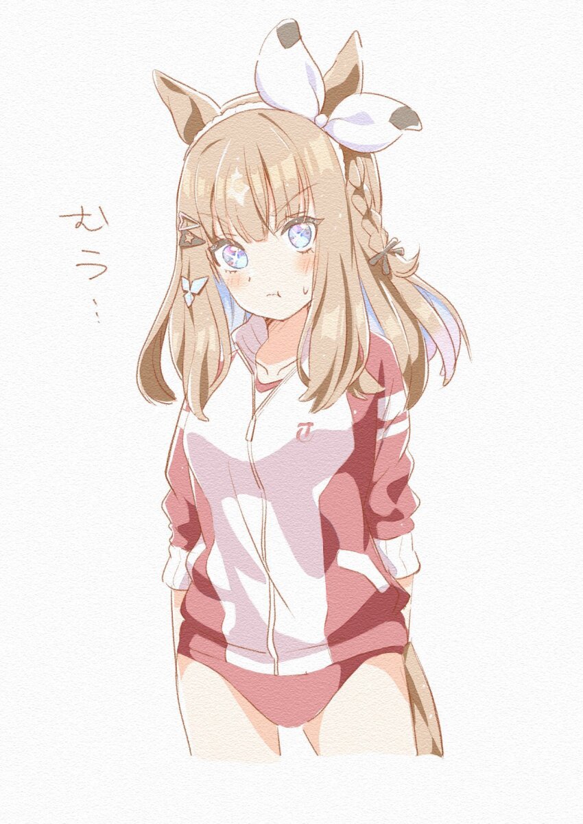 +_+, 1girl, almond_eye_(umamusume), animal_ears, blue_eyes, blush, bow_hairband, braid