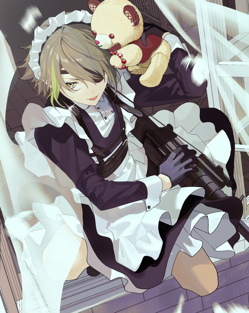 18trip, 1boy, :p, alternate_costume, apron, black_dress, black_gloves, bullet_maid_(18trip)