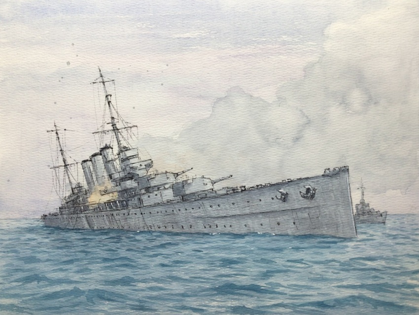 atelier_bono, battle_of_savo_island, cloud, commentary_request, cruiser, destroyer, fire, highres