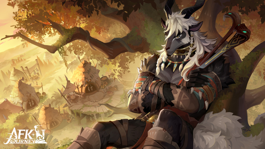 1boy, afk_(series), afk_journey, animal_ear_piercing, animal_ears, black_fur, black_horns, body_fur, braid, brown_eyes, bush, cauldron, claws, closed_mouth, clothing_request, cloud, commentary, company_name, copyright_logo, copyright_name, crossed_arms, ear_piercing, english_commentary, furry, furry_male, goat_boy, goat_ears, goat_horns, goat_tail, grey_hair, highres, horn_piercing, horns, in_tree, jewelry, logo, long_hair, looking_at_viewer, male_focus, moss, mountainous_horizon, multiple_braids, multiple_tails, nazrik_(afk), necklace, official_art, outdoors, piercing, plant, sitting, sitting_in_tree, sky, solo, storage_pot, tail, tree, two_tails, village, vines, yellow_sky
